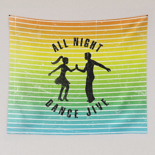 Item preview, Black silhouette of a couple dancing jiveagainst a background of colorful stripes designed and sold by HarridanCreates.