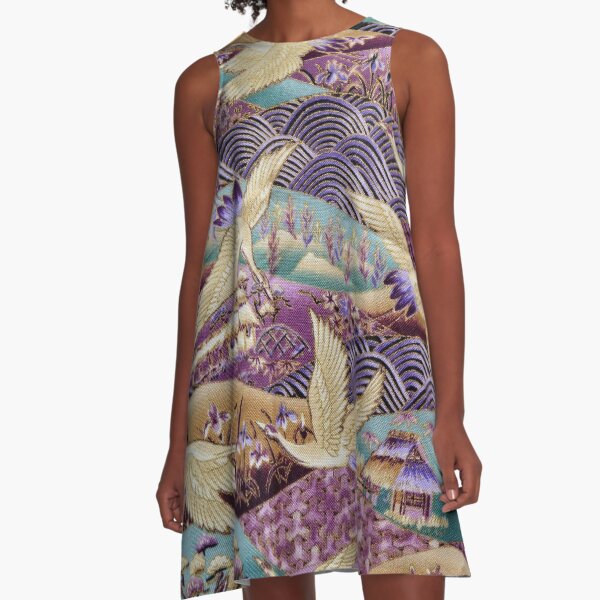Japanese Crane kimono style embroidered pattern A-Line Dress
