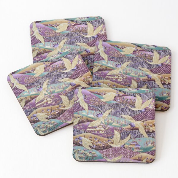 Japanese Crane kimono style embroidered pattern Coasters (Set of 4)
