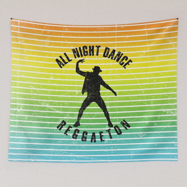 Item preview, Black silhouette of a man dancing reggaetonagainst a background of colorful stripes designed and sold by HarridanCreates.