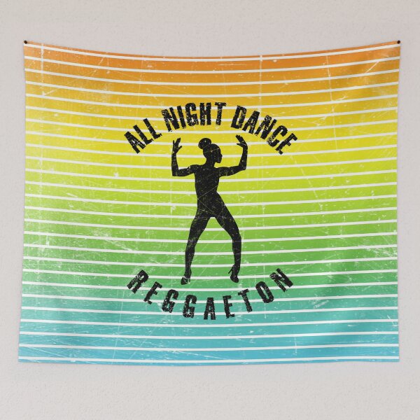 Item preview, Black silhouette of a woman dancing reggaeton against a background of colorful stripes designed and sold by HarridanCreates.