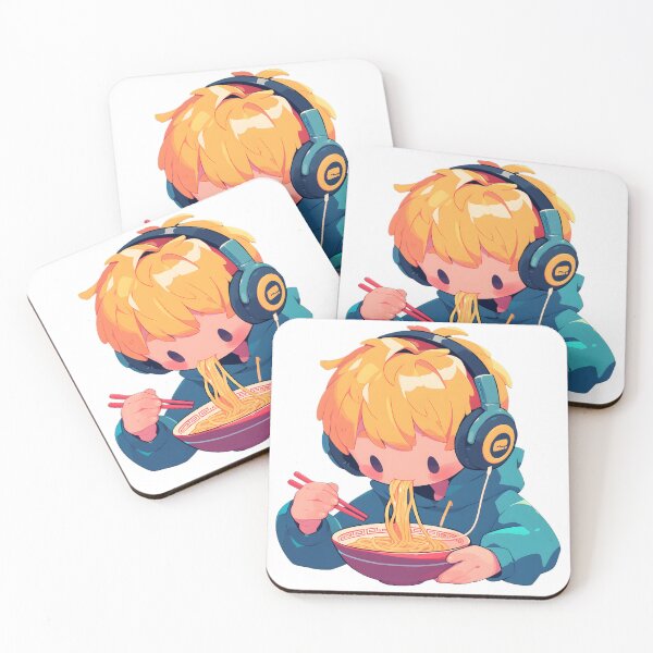 Item preview, Cute Manga Boy With Headphones Eating Noodles designed and sold by StickySparkle.