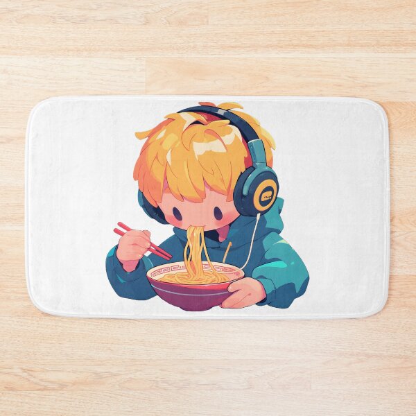 Item preview, Cute Manga Boy With Headphones Eating Noodles designed and sold by StickySparkle.