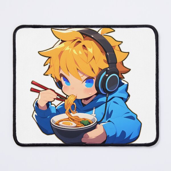 Item preview, Cute Manga Boy With Headphones Eating Noodles designed and sold by StickySparkle.