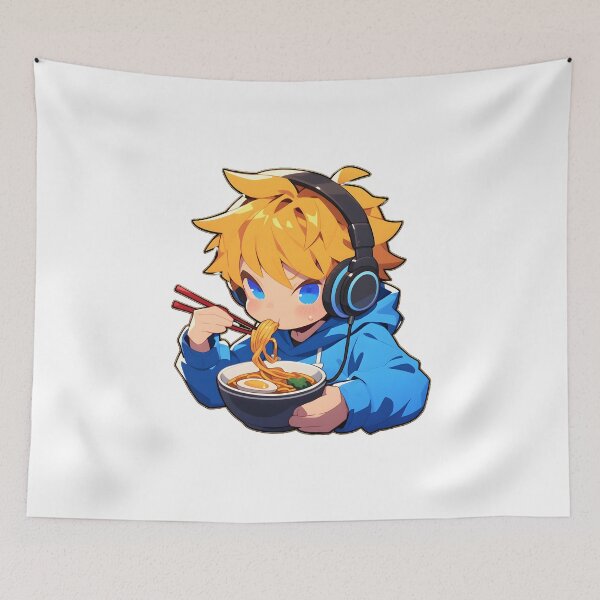 Item preview, Cute Manga Boy With Headphones Eating Noodles designed and sold by StickySparkle.