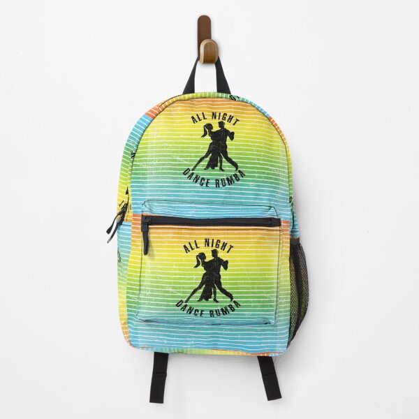 Item preview, Black silhouette of a couple dancing rumba against a background of colorful stripes designed and sold by HarridanCreates.