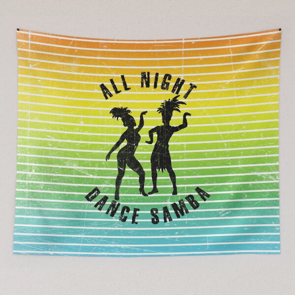 Item preview, Black silhouette of a couple dancing samba against a background of colorful stripes designed and sold by HarridanCreates.