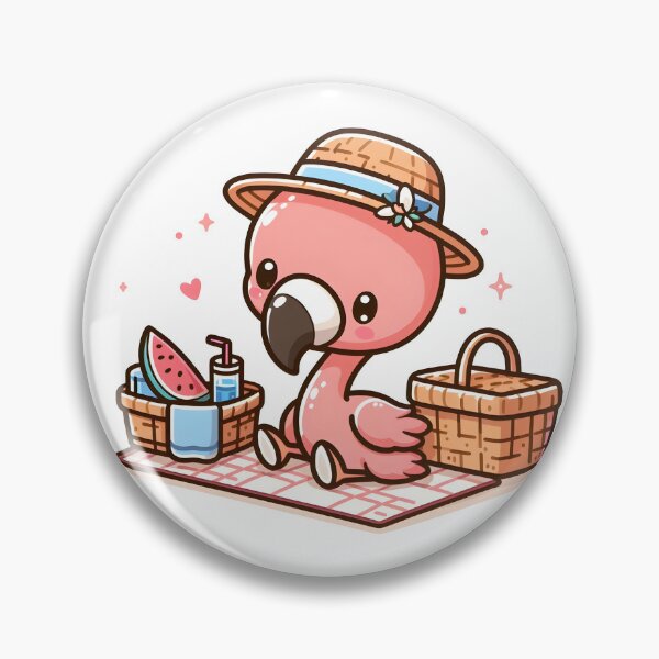 Item preview, Kawaii Flamingo With Picnic Basket And A Straw Hat Having A Picnic designed and sold by CanvasCutie.