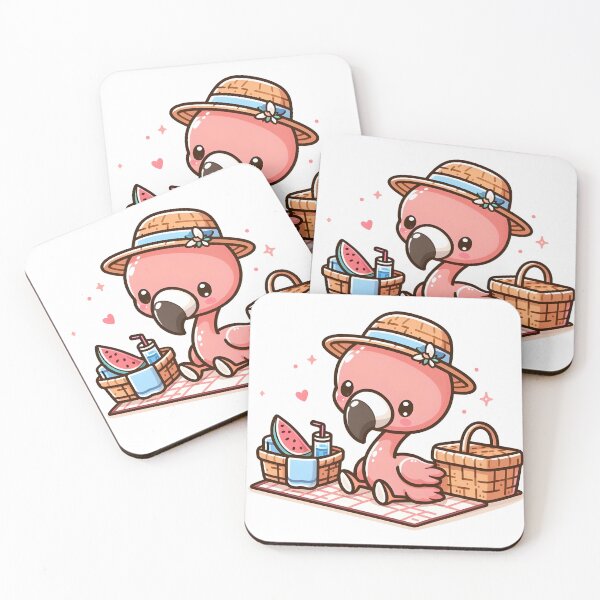 Item preview, Kawaii Flamingo With Picnic Basket And A Straw Hat Having A Picnic designed and sold by CanvasCutie.