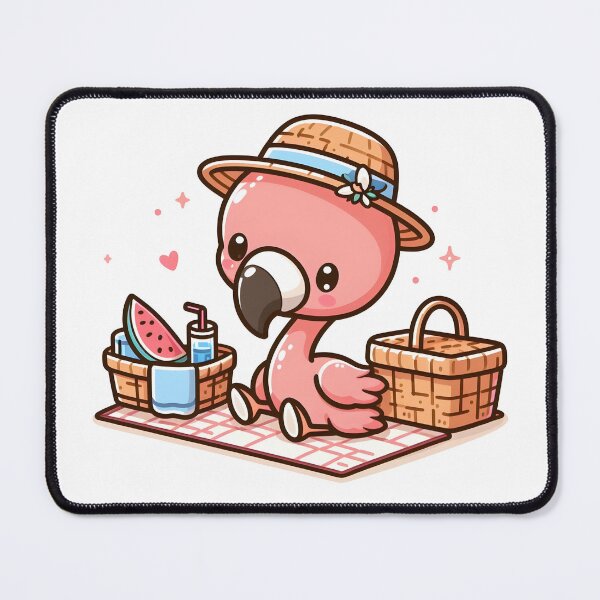 Item preview, Kawaii Flamingo With Picnic Basket And A Straw Hat Having A Picnic designed and sold by CanvasCutie.
