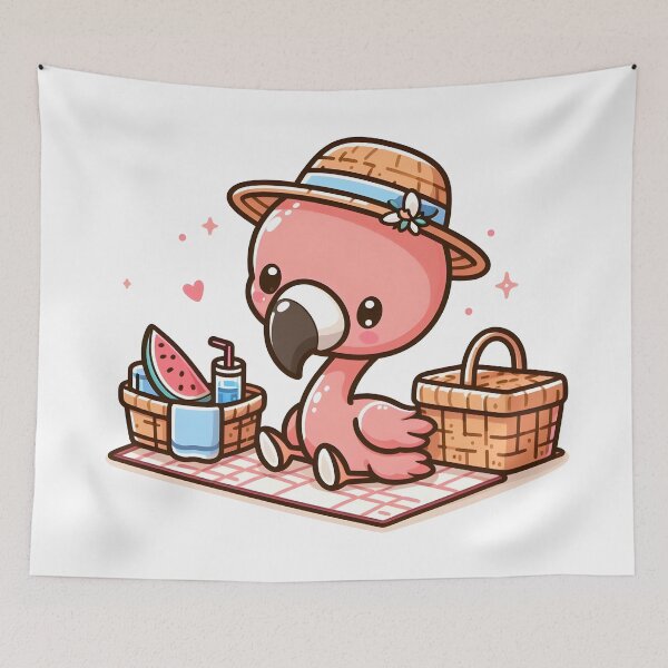 Item preview, Kawaii Flamingo With Picnic Basket And A Straw Hat Having A Picnic designed and sold by CanvasCutie.