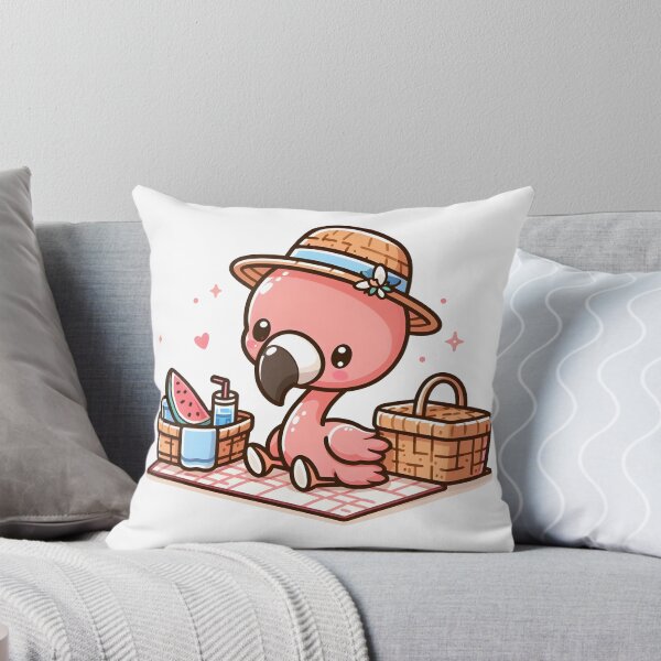 Item preview, Kawaii Flamingo With Picnic Basket And A Straw Hat Having A Picnic designed and sold by CanvasCutie.
