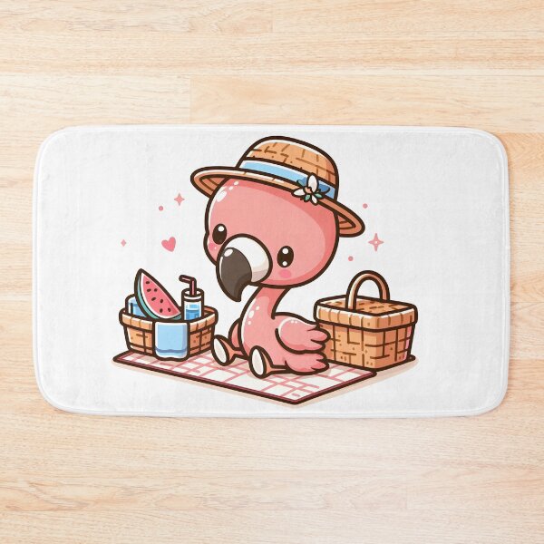 Item preview, Kawaii Flamingo With Picnic Basket And A Straw Hat Having A Picnic designed and sold by CanvasCutie.