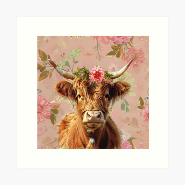 Item preview, Highland Cow Floral Pink Design Background Cow Lover Design designed and sold by FreeReyne.