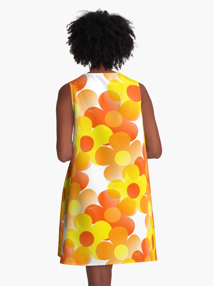 Thumbnail 3 of 4, A-Line Dress, 60's, 70's Retro Vintage Pop Flower Pattern in Bright Orange and Yellow designed and sold by MellowCat.