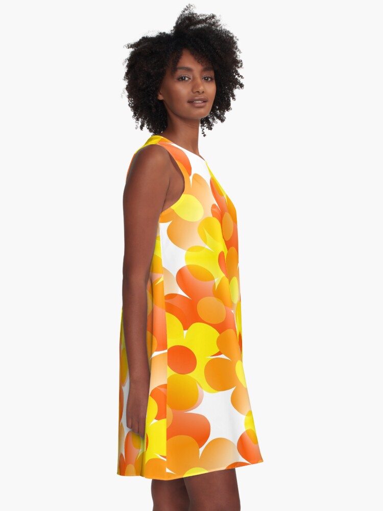 Thumbnail 2 of 4, A-Line Dress, 60's, 70's Retro Vintage Pop Flower Pattern in Bright Orange and Yellow designed and sold by MellowCat.