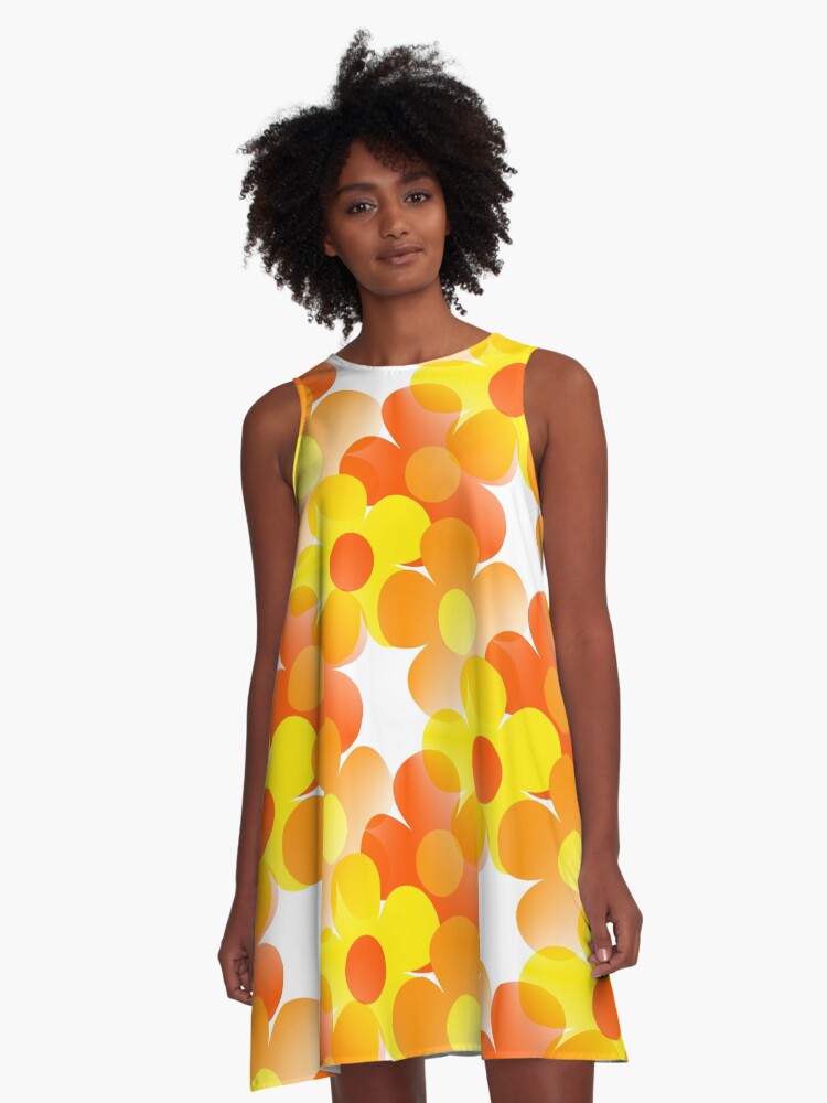 Thumbnail 1 of 4, A-Line Dress, 60's, 70's Retro Vintage Pop Flower Pattern in Bright Orange and Yellow designed and sold by MellowCat.