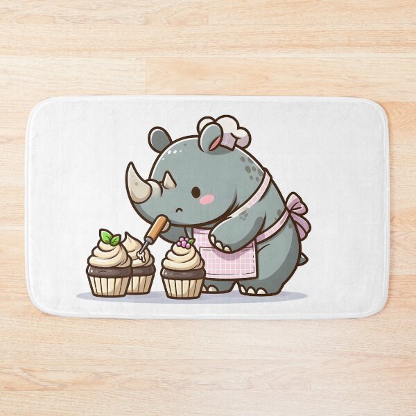 Item preview, Rinoceronte Kawaii horneando cupcakes con delantal designed and sold by CanvasCutie.