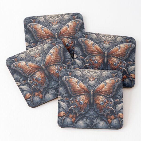Item preview, Amber & Steel Grey Metallic Butterfly over Leaves designed and sold by Trevor Hirst.
