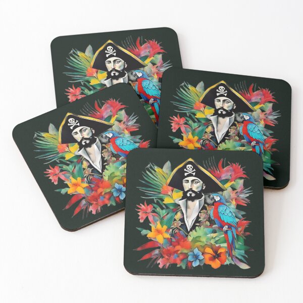 Item preview, Pirate of the Caribbean with parrot among tropical leaves and flowers.  designed and sold by Natalia-Vlad.