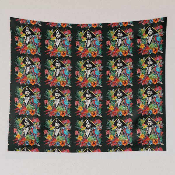 Item preview, Pirate of the Caribbean with parrot among tropical leaves and flowers.  designed and sold by Natalia-Vlad.