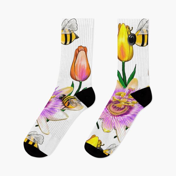Item preview, Whimsical Botanical Garden Art: Bees Tulips and passion flower Hand-Drawn Flower Designs & Gifts designed and sold by Artonmytee.