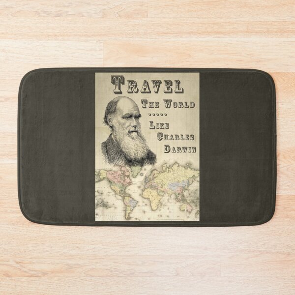 Item preview, Vintage travel poster - "Travel the World" retro style world map featuring Charles Darwin designed and sold by pod24.