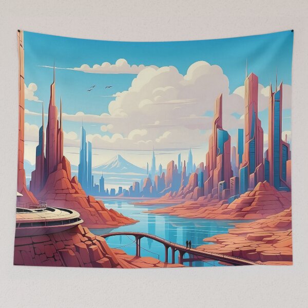 Item preview, Vibrant Canyon Cityscape: Futuristic Metropolis Dawn designed and sold by ArtComixHaven.