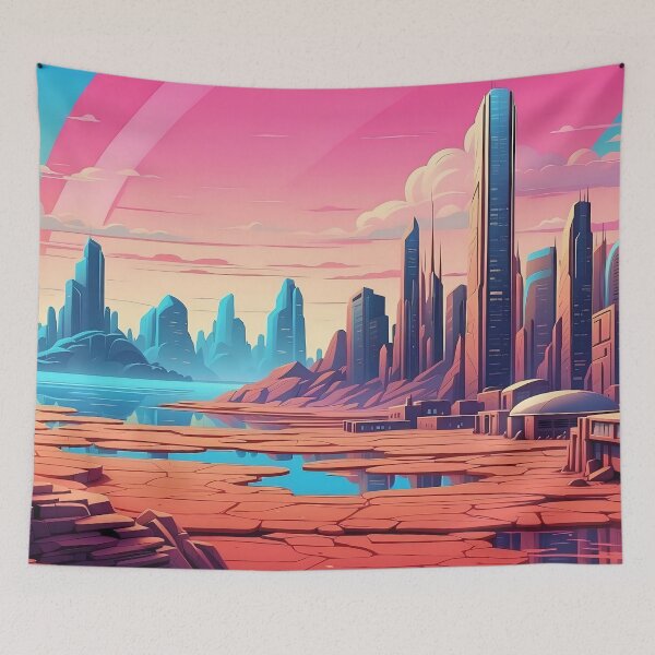 Item preview, Crimson Dawn Over Futuristic Cityscape Illustration designed and sold by ArtComixHaven.