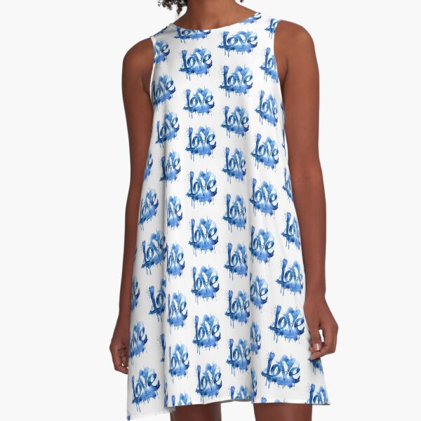 Love - Blue Lettering Aquarellfarben Design A-Linien Kleid