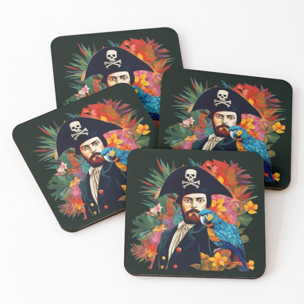 Item preview, Pirate of the Caribbean with parrot among tropical leaves and flowers.  designed and sold by Natalia-Vlad.