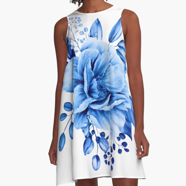 flower-bouquets-blue-denim-design-print A-Linien Kleid