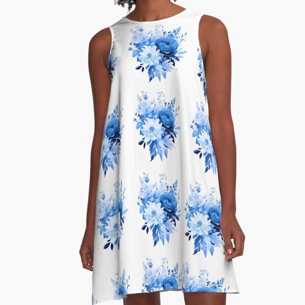 Flower bouquet blue denim design trend color A-Linien Kleid