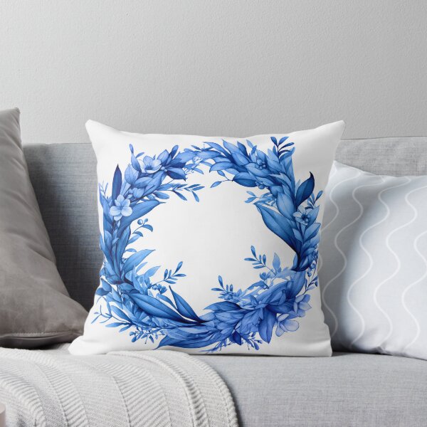 Blauer Blumenkranz mit Zeigen und Blüten im blue denim design Dekokissen