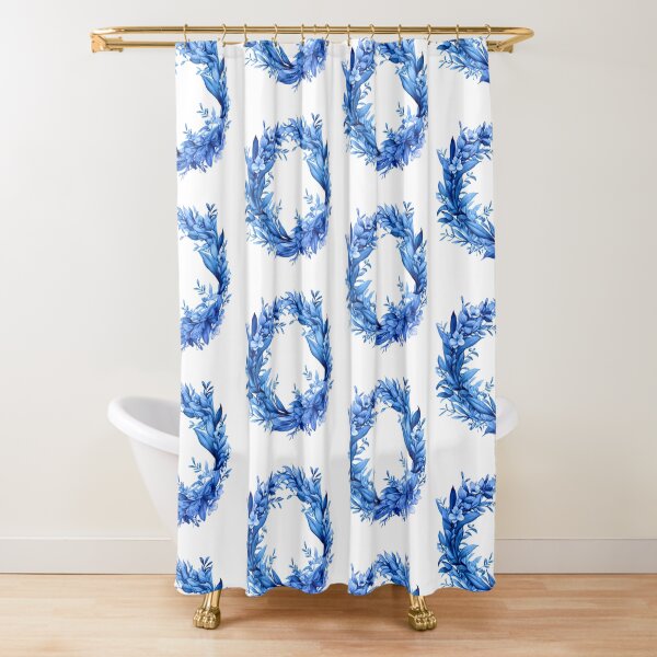 Blauer Blumenkranz mit Zeigen und Blüten im blue denim design Duschvorhang