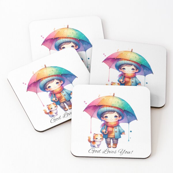 Item preview, God Loves You with Rainbow Umbrella and Kitten designed and sold by PassionforLove.
