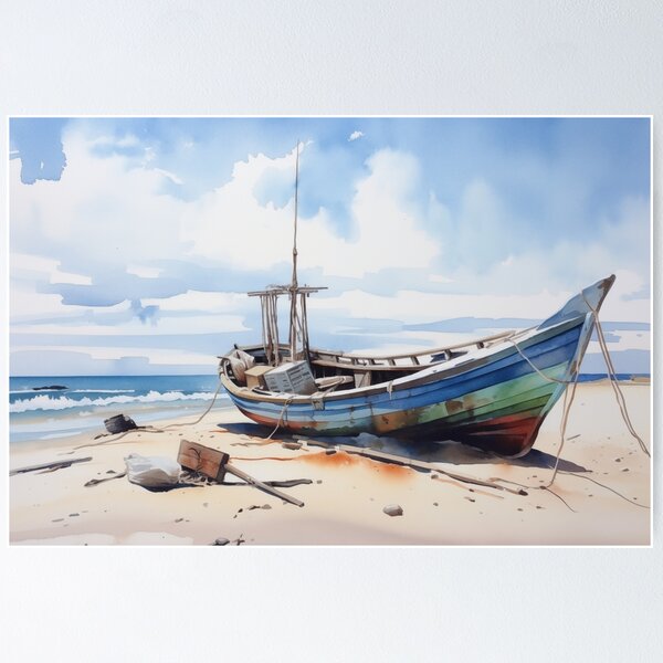 Artikelvorschau, Altes hölzernes Fischerboot am Strand, Streifen kontrastieren mit dem Sandstrand. Der Himmel ist klar und hell entworfen und verkauft von LoudestMonkey.