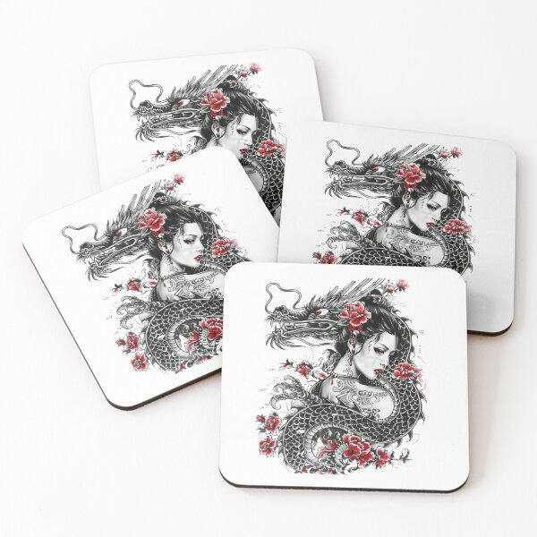 Artikelvorschau, Highly Detailed Japanese Woman And Dragon. Tattoo Style Art. entworfen und verkauft von Lucy Goosy Art.