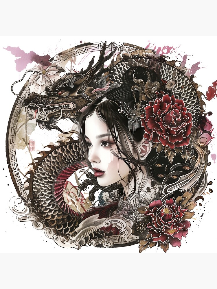 Japanese Woman And Dragon. Tattoo Style Art