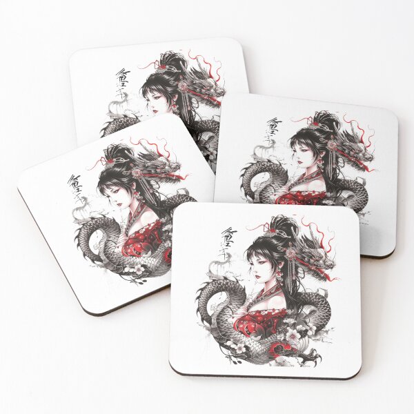Artikelvorschau, Japanese Geisha And Dragon. Tattoo Style Art entworfen und verkauft von Lucy Goosy Art.