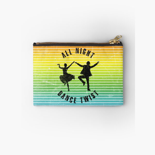 Item preview, Black silhouette of a couple dancing twist against a background of colorful stripes designed and sold by HarridanCreates.