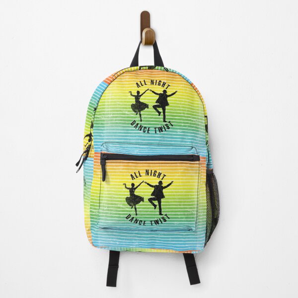 Item preview, Black silhouette of a couple dancing twist against a background of colorful stripes designed and sold by HarridanCreates.