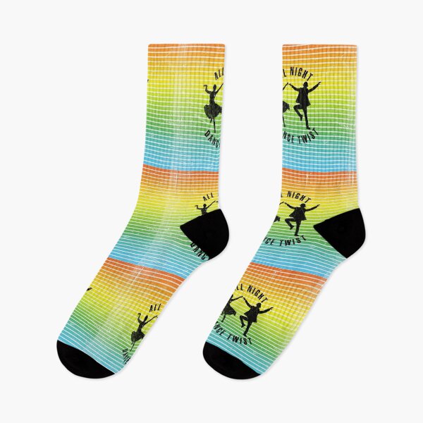 Item preview, Black silhouette of a couple dancing twist against a background of colorful stripes designed and sold by HarridanCreates.