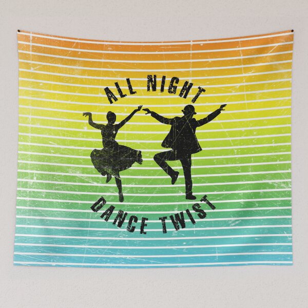 Item preview, Black silhouette of a couple dancing twist against a background of colorful stripes designed and sold by HarridanCreates.