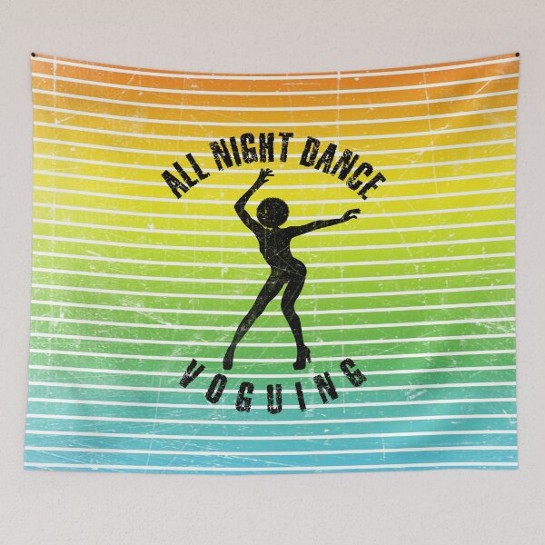 Item preview, Black silhouette of a woman dancing voguing against a background of colorful stripes designed and sold by HarridanCreates.