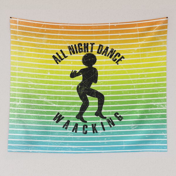 Item preview, Black silhouette of a man dancing waacking against a background of colorful stripes designed and sold by HarridanCreates.