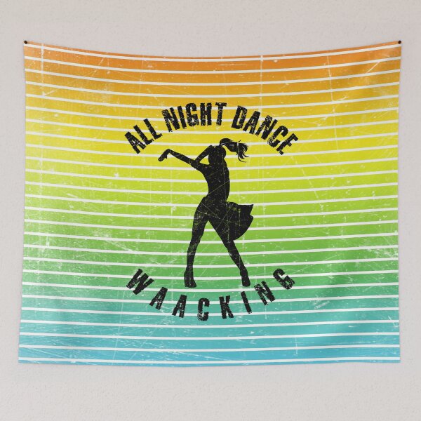 Item preview, Black silhouette of a woman dancing waacking against a background of colorful stripes designed and sold by HarridanCreates.