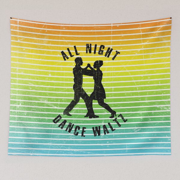 Item preview, Black silhouette of a couple dancing waltz against a background of colorful stripes designed and sold by HarridanCreates.