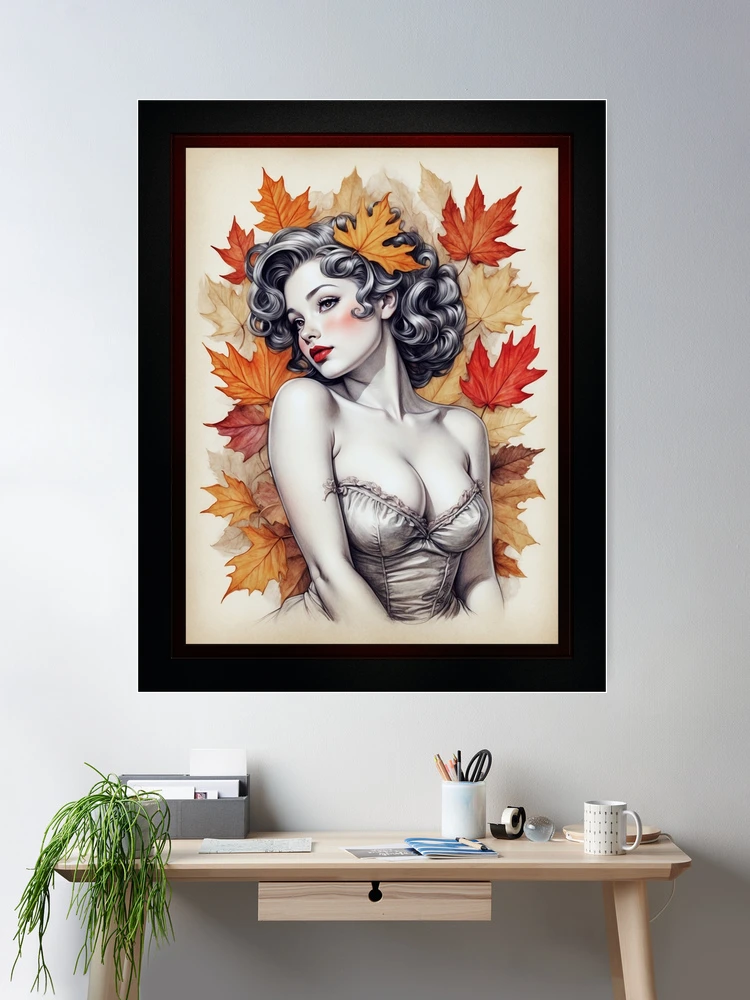 Allegory Of Fall Pin Up Girl Sketch AI Concept Art by Xzendor7 - An Alluring And Enchanting Illustration 2 Allegory Of Fall Pin Up Girl Sketch Beautiful AI Concept Art by Xzendor7 Room Decor Poster Art Print