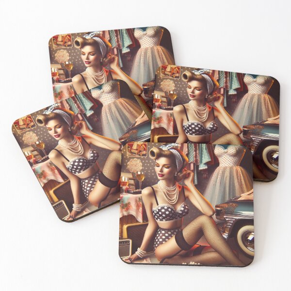 Item preview, Vintage pin-up inspired scene, with polka-dot lingerie and retro accessories, evoking nostalgia designed and sold by AndreaMart.